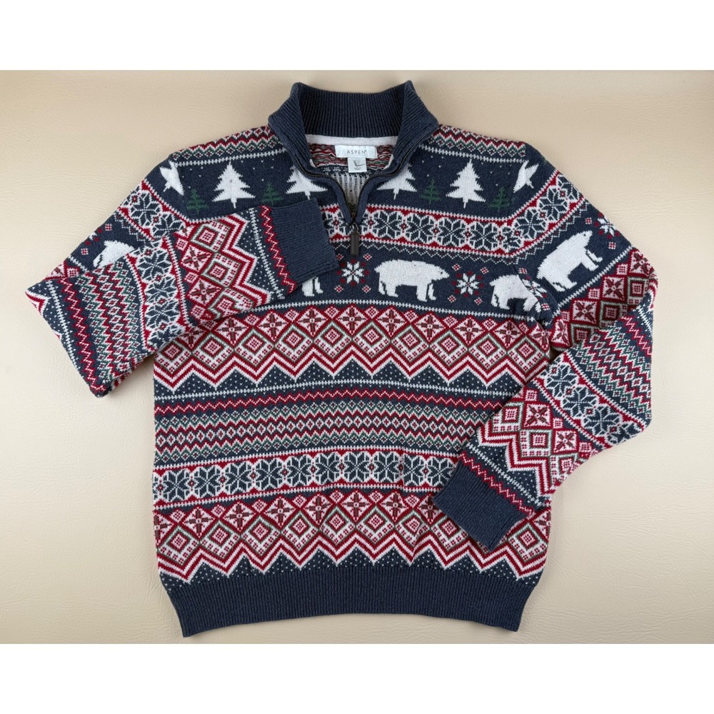 Fair Isle Quarter Zip Sweater Polar Bear Nordic Large Aspen